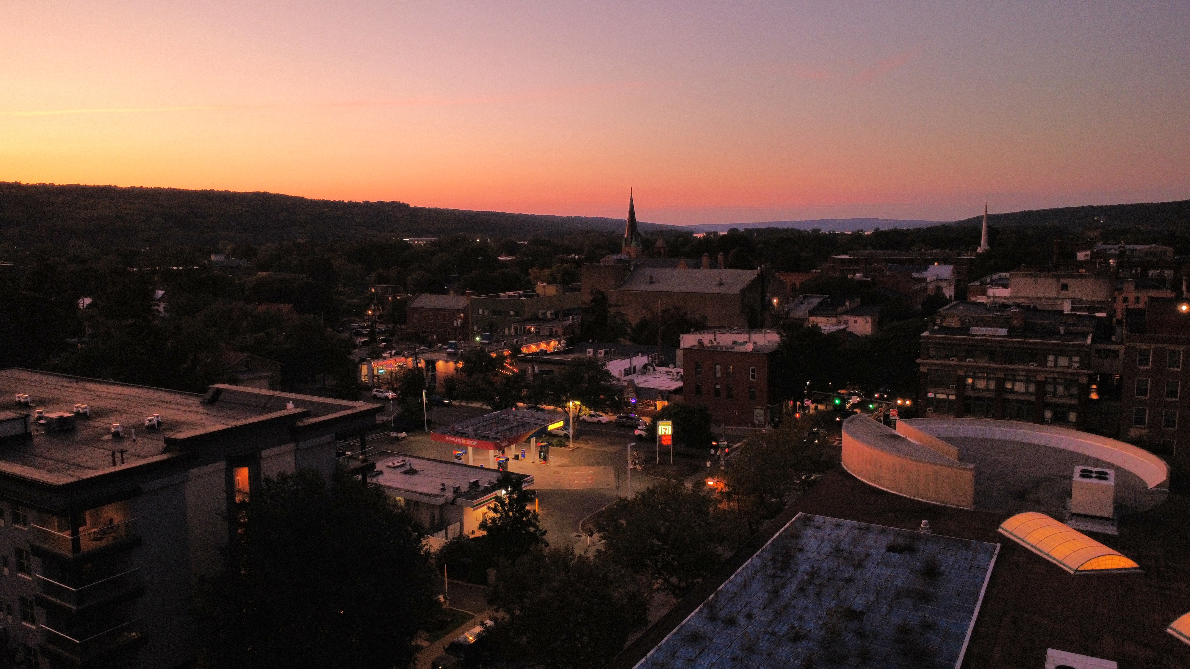 Downtown aerial view at sunset